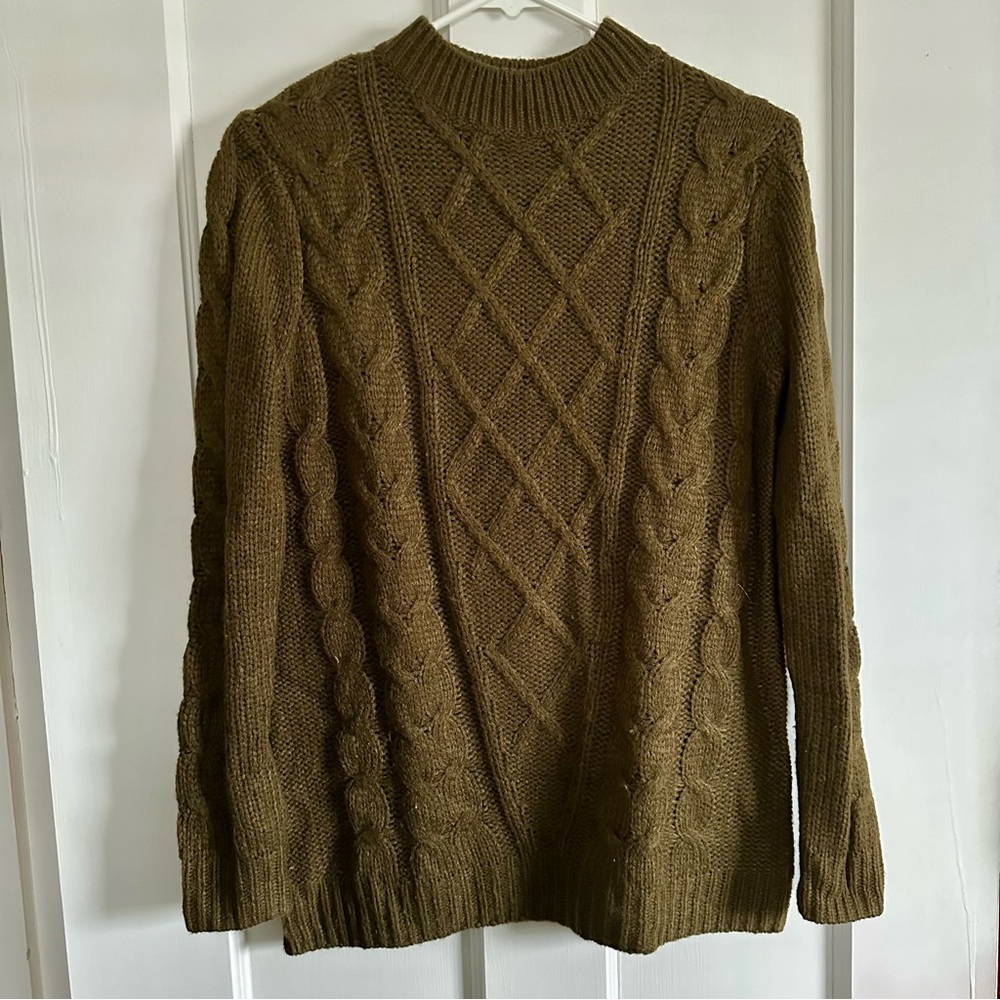 Forever21 Womens Small Olive Green Braided Celtic Style Knit Sweater Acrylic